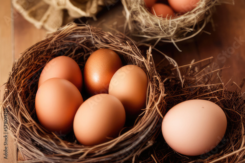 Freshly Laid Chicken Eggs in a Rustic Nest - Farm Fresh Eggs