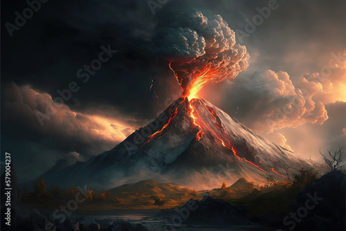 Ilustración de un gran volcán en erupción soltando al aire lava y humo mientras corre la lava por las laderas de la montaña. Concepto desastre natural. Generative AI 