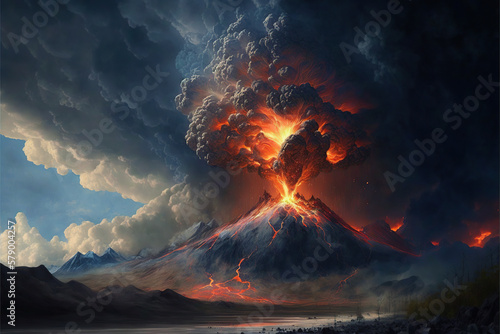 Ilustración del paisaje de un volcán entrando en erupción, escupiendo lava y cenizas y formando nueves. 
