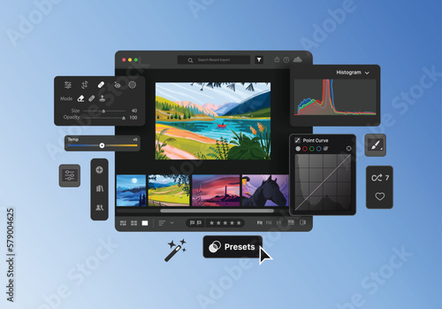 Editing software for importing, saving, viewing, organizing, tagging, editing, and sharing large numbers of digital images. Presets for many photos. App for photographers