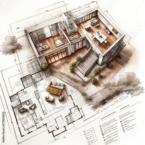 Ilustración de unos planos de una casa con efecto de fotografía, 3d, Generative AI photo