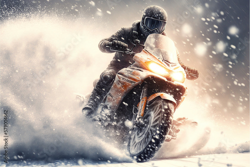 Ilustración de una moto atravesando una tormenta de nieve y derrapando. Generative AI