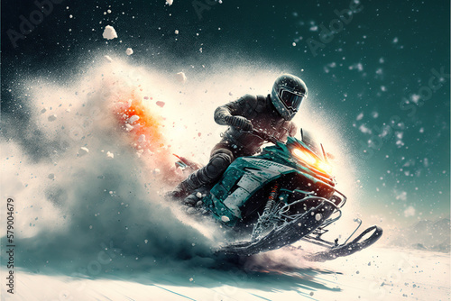 Ilustración de una moto de nieva bajando rápidamente por la montaña y esparciendo la nieve en el aire. Generative AI © Enrique Micaelo 