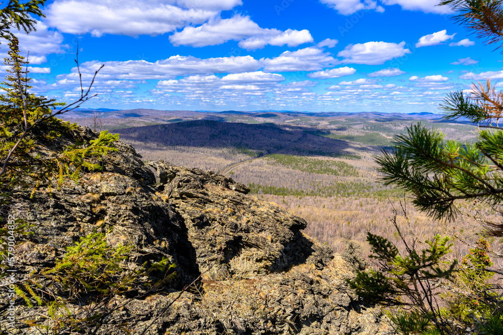 South Ural Mountains with a unique landscape, vegetation and diversity of nature in spring.