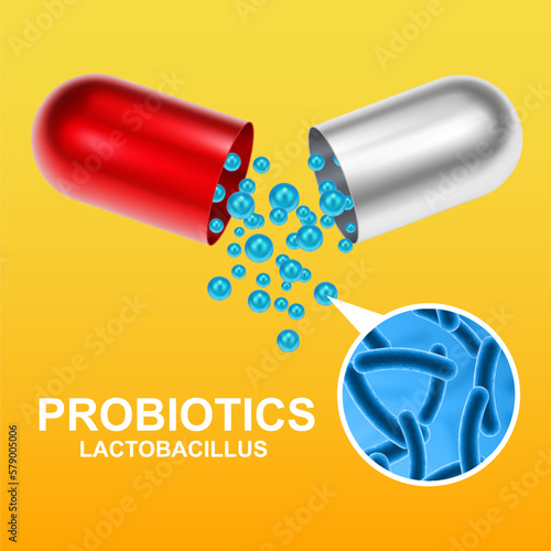 Medicine background. Science background. Probiotic background. Microbiome elements with medical pill. Half parts with probiotics granules. Human health background. EPS10 vector