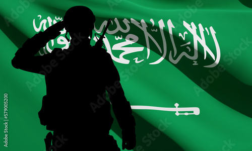 Silhouette of a saluting soldier on background of Saudi Arabia flag. Concept - Armed Force of Saudi Arabia. EPS10 vector