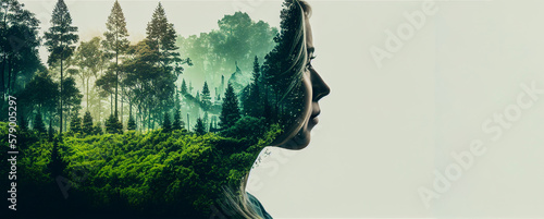 Earth day banner, profile of a woman on green forest landscape with copy space, concept of environment caring life on the planet. Generative AI illustration