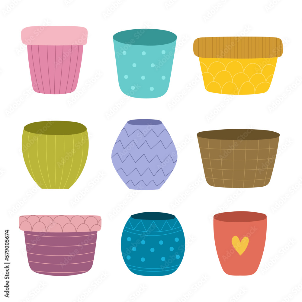 Doodle flower pots set. Colorful plant pots collection in cartoon style. Decoration elements isolated on white background. Vector illustration Doodle flower pots set. Colorful plant pots collection in cartoon style. Decoration elements isolated on white background. Vector illustration
