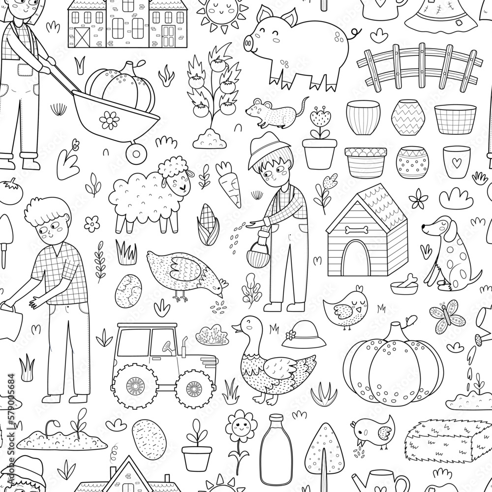 Black and white farm seamless pattern with cute characters in cartoon