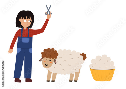 Girl shearing sheep set with cute farm characters. Farmer cutting the sheep wool print in cartoon style. Vector illustration