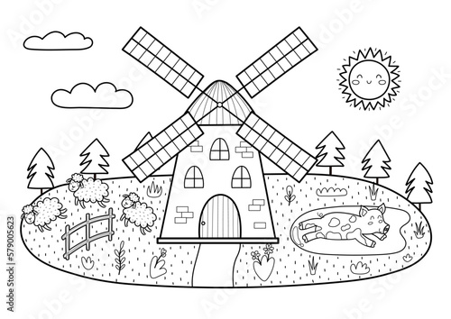 Black and white farm landscape in cartoon style with windmill, pig and sheep. Sunny meadow coloring page. Outdoor garden background. Vector illustration