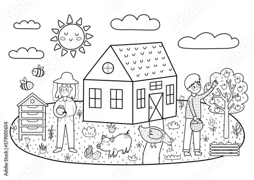 Black and white farm landscape in cartoon style with a house, boy picking up apples, girl beekeeper and pig. Sunny meadow coloring page. Outdoor garden background. Vector illustration