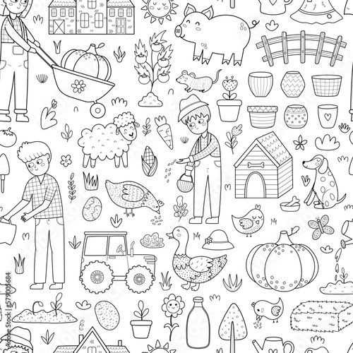 Black and white farm seamless pattern with cute characters in cartoon style. Kids farmers with domestic animals background for coloring page. Vector illustration