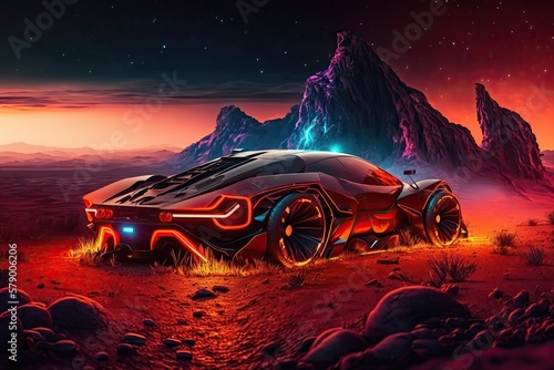 beautiful neon car in the desert of mars, illustration, generative ai photo