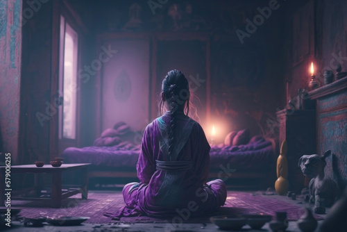 Meditation: Meditating girl in a calm violet interior | Generative AI Production