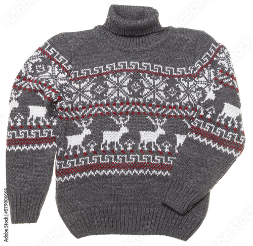 Grey kid's warm Christmas turtleneck jumper (aka Ugly sweater) with nordic knitted ornament on white background photo