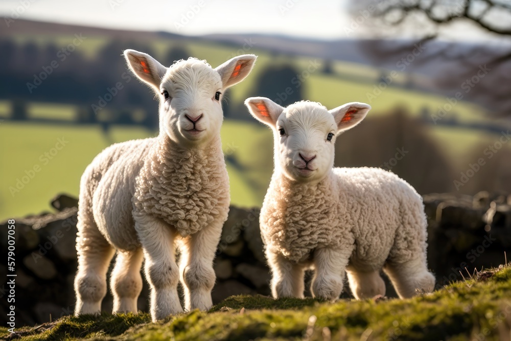 Spring lambs in countryside in the sunshine. AI Generation Spring lambs in countryside in the sunshine. AI Generation