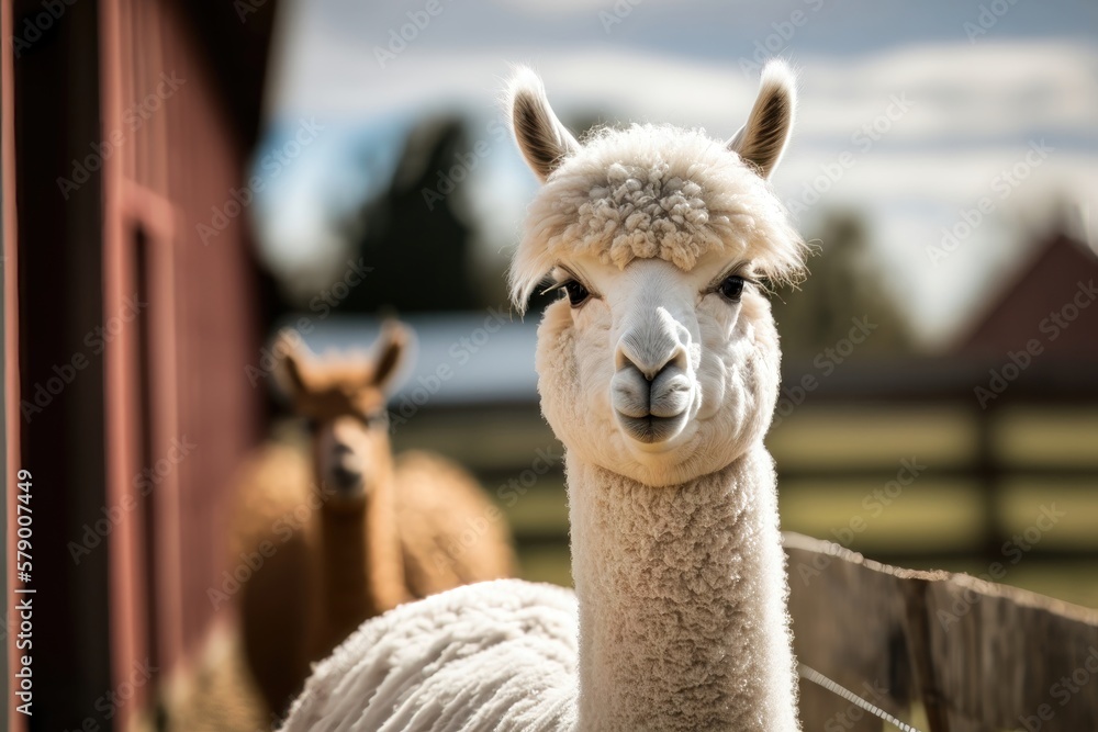 Obraz premium White alpaca smiling at the camera in an alpaca farm. AI Generation
