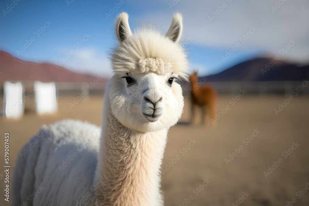 Obraz premium White alpaca smiling at the camera in an alpaca farm. AI Generation