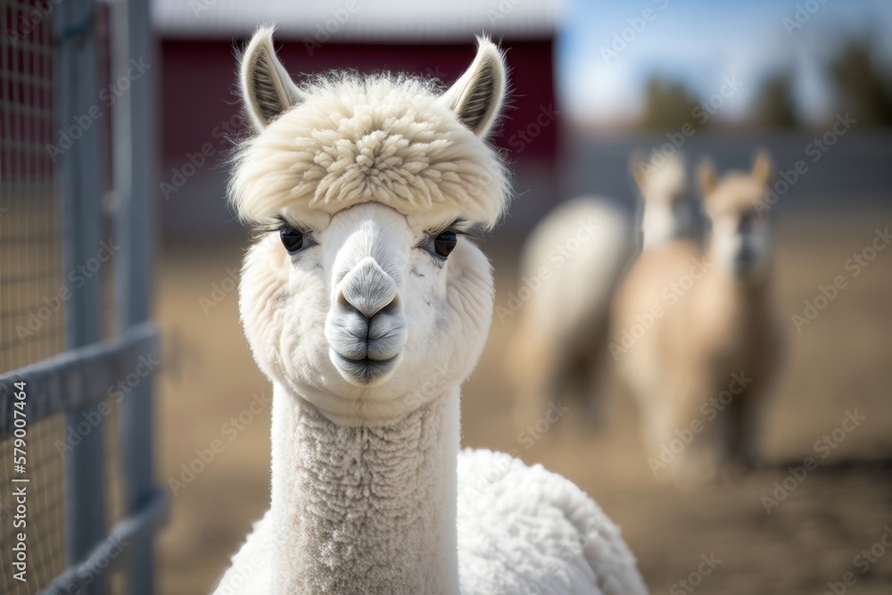 Obraz premium White alpaca smiling at the camera in an alpaca farm. AI Generation
