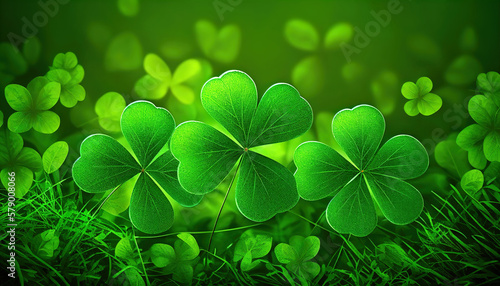 St. Patrick's Day abstract green background decorated with shamrock leaves. Patrick Day pub party Generative Ai