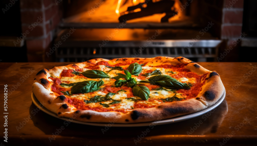 Delicious Italian Pizza with Mozzarella and Basil Freshly made in an wooden fire oven. Generative AI