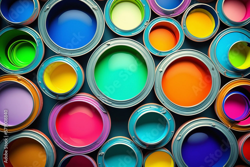 Open different colors paint cans on grey background, top view, AI photo
