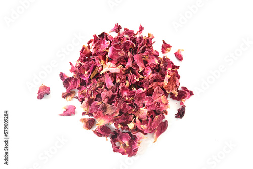 Dehydrated Rose petals top view in white background close up. Dried flower petals. Floral concept. Natural herbal cosmetics. Top view.Tea rose flowers on a white background.