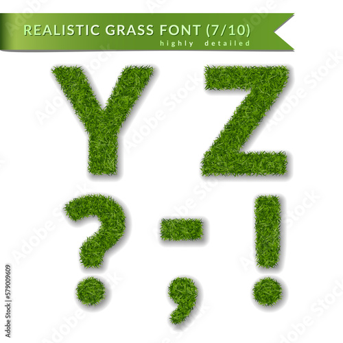 Grass letters Y  Z  question  exclamation mark  coma  apostrophe  minus hyphen dash symbol. Set alphabet 3D design. Green font isolated white background. Save the planet. Detailed. Vector illustration