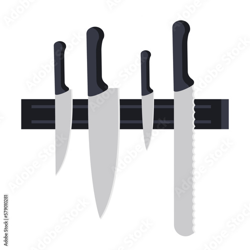 set of kitchen knives on a magnetic holder