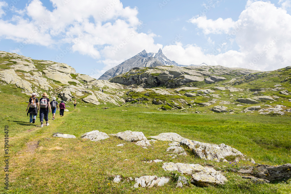 Green mountain landscape in summer in the Alps. People are walking on a hiking trail in the meadow leading to the Mount Cenis Lake, the sky is blue with soft clouds.