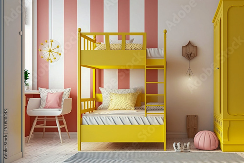 Modern interior design of woman or childrens bedroom with bunk. Super photo realistic background, generative ai photo