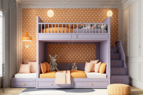 Modern interior design of woman bedroom with bunk bed, lilac, orange and white colors with polka dot texture. Super photo realistic background, generative ai photo