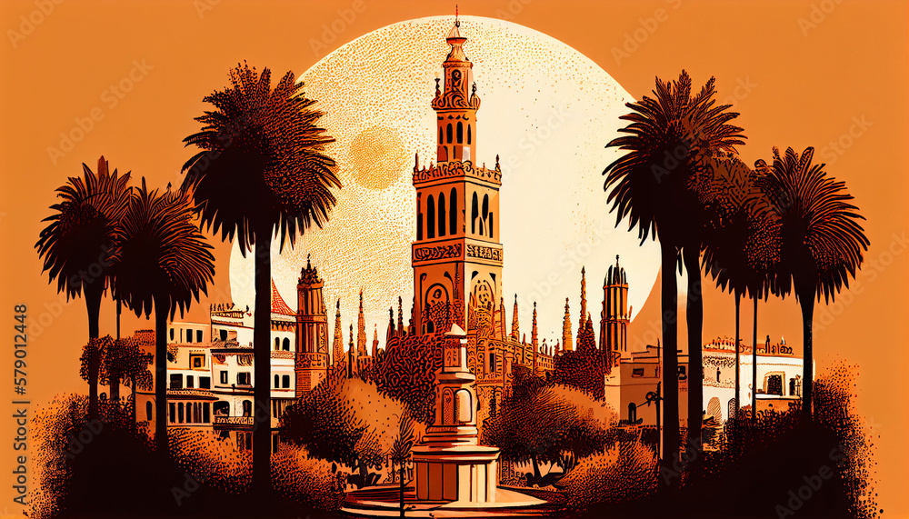 Obraz premium illustration of a typical spanish street (Seville) with the Giralda. 70s style illustration. orange colors. postcard 1970s