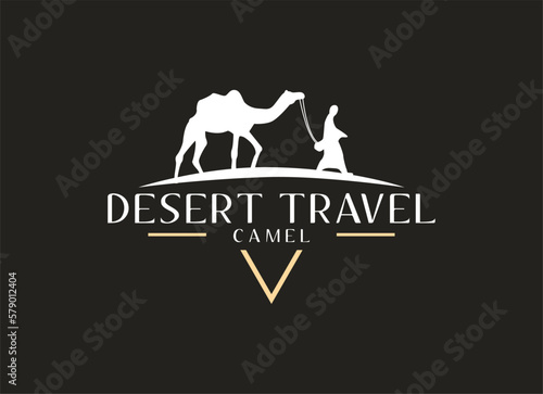 Arabian Logo caravan Camels in desert dunes on beige color gold sand under hot sun in circle wavy pattern background.Design template icon,badge, pictogram,symbol,tourism sign,travel,hot places.Vector