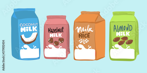 Set of different vegetable milk - almond, rice, coconut, soybeans. Vegan, vegetarian product for cooking food and drink