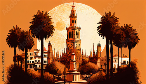 illustration of a typical spanish street (Seville) with the Giralda. 70s style illustration. orange colors. postcard 1970s photo
