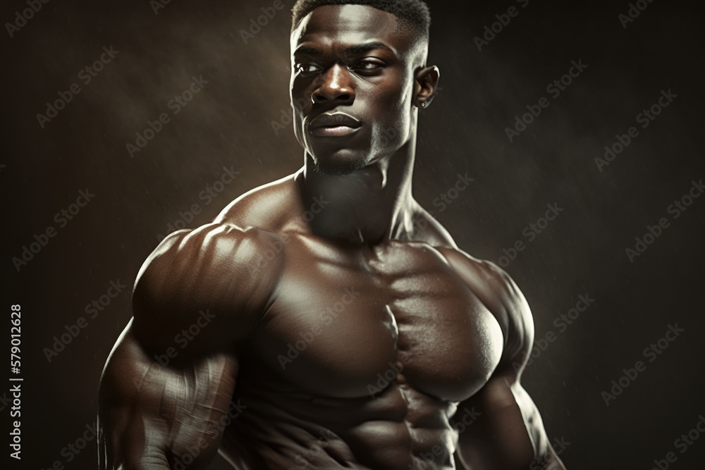 Strong black athlete, muscular man, African American bodybuilder. Athletic male torso, waist-length portrait. Generative ai