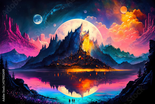 Colorful fantasy abstract background with mountains and lake, amazing sunset, AI generated