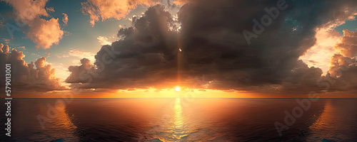 Ocean sunset landscape. Panoramic view. Generative AI