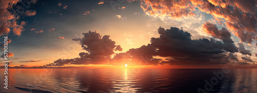 Ocean sunset landscape. Panoramic view. Generative AI