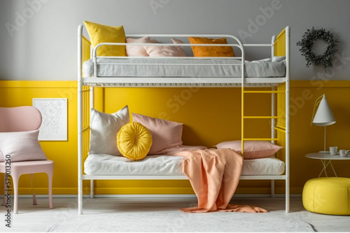 Modern interior design of woman or childrens bedroom with bunk. Super photo realistic background, generative ai photo