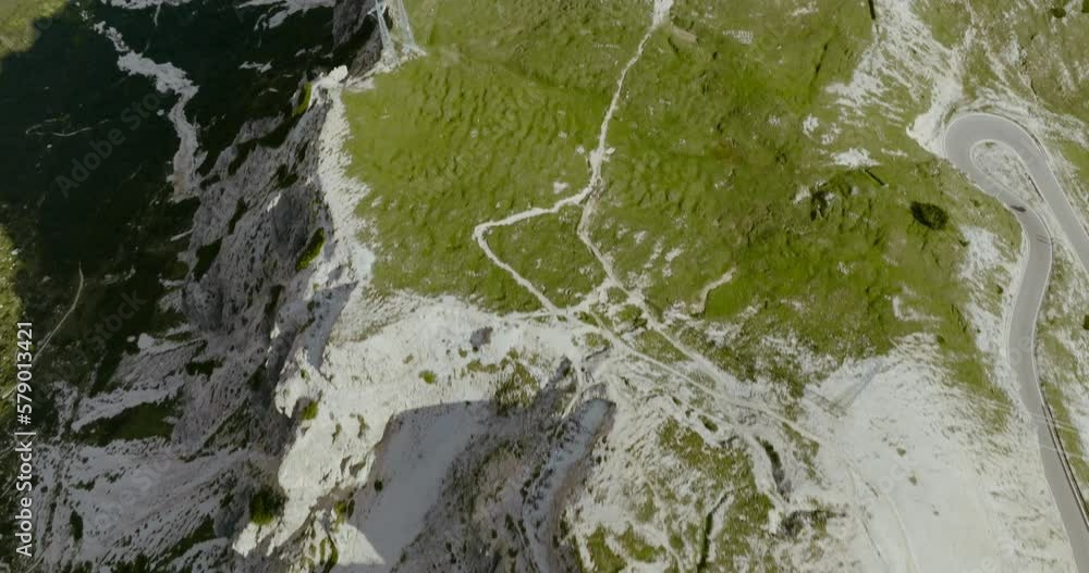 Aerial Tilt up drone shot of the valley in Dolomites Alps, the Tre Cime di Lavaredo Italy, 4k Aerial Tilt up drone shot of the valley in Dolomites Alps, the Tre Cime di Lavaredo Italy, 4k