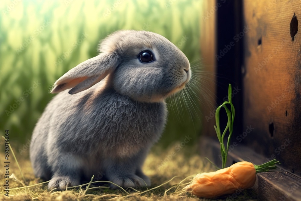A cute little baby bunny sitting on grass with a carrot in front of it, generative ai A cute little baby bunny sitting on grass with a carrot in front of it, generative ai