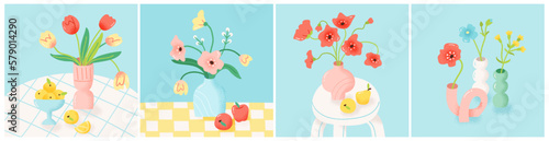 Set of still life compositions. Vector illustration of tulip and anemone bouquets in colorful vases. Blooming flowers and fruits in trendy flat style.