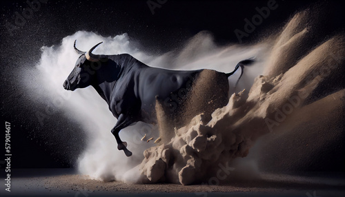 Black Bull charging in sand photo