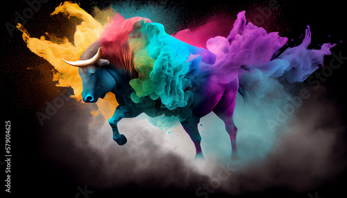 Colorful artistic bull in exploision photo