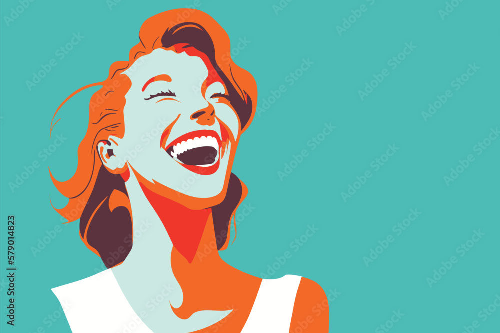 A woman laughing out loud. Flat vector style - obrazy, fototapety, plakaty 