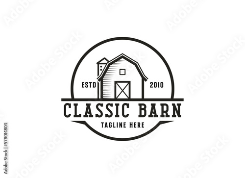 Vintage farm logo design - barn wood building house farm cow cattle