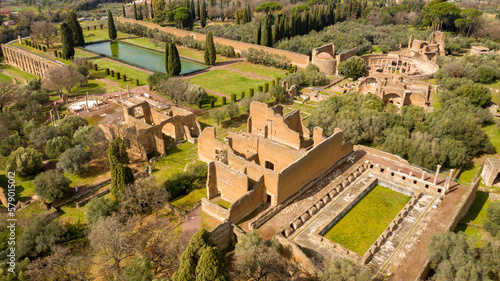 Aerial view of Hadrian's Villa at Tivoli, near Rome, Italy. Villa Adriana is a World Heritage comprising the ruins and archaeological remains of a complex built by Roman Emperor Hadrian.